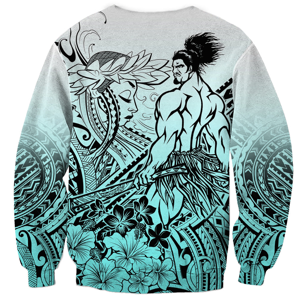 Beauty and The Warrior Polynesian Valentine Sweatshirt Hibiscus FLowers Turquoise Style LT9 - Polynesian Pride