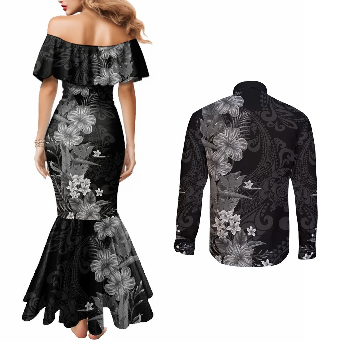 Hawaii Tropical Flowers Tribal Pattern Couples Matching Mermaid Dress and Long Sleeve Button Shirt Black Style LT9 - Polynesian Pride