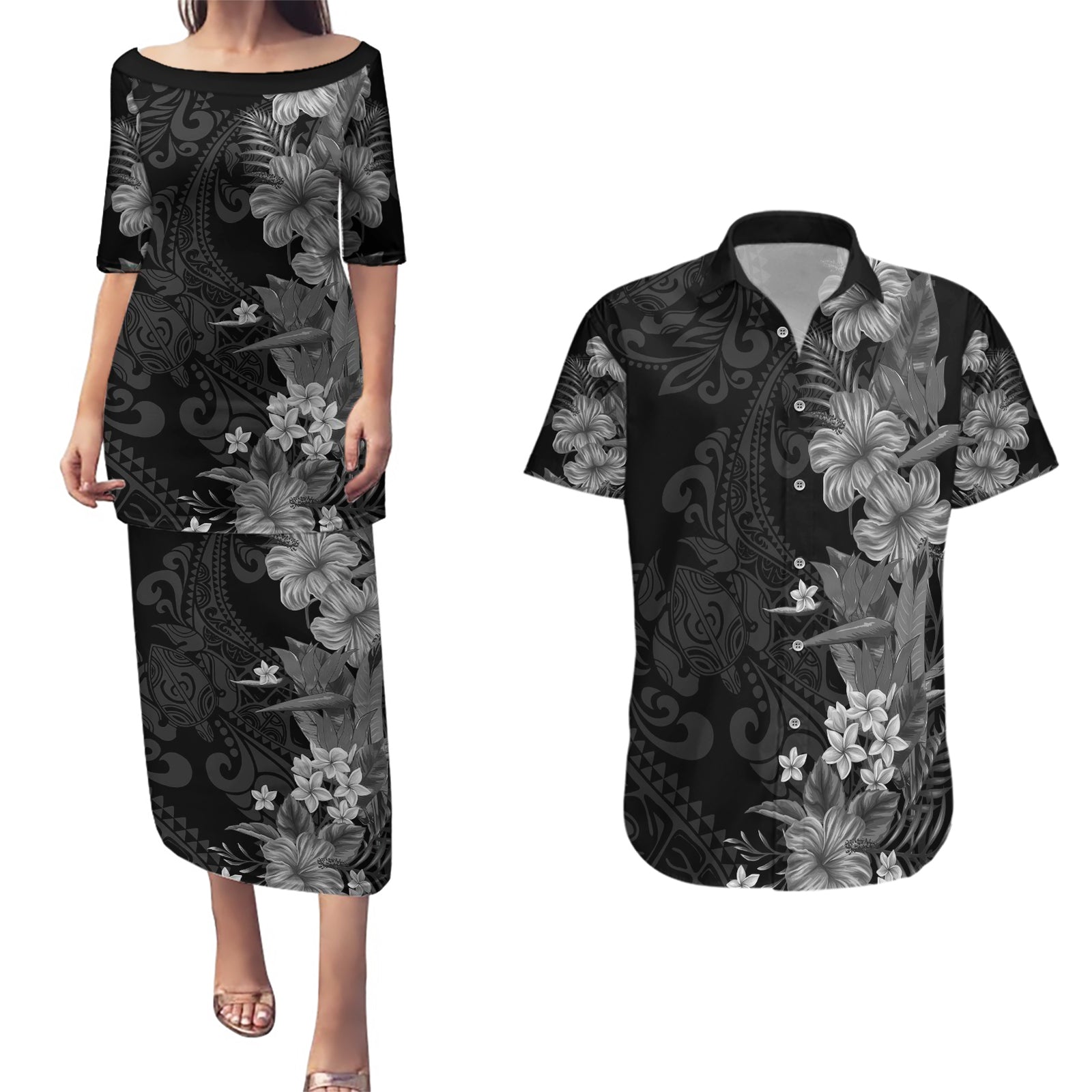 Hawaii Tropical Flowers Tribal Pattern Couples Matching Puletasi and Hawaiian Shirt Black Style LT9 Black - Polynesian Pride