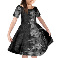 Hawaii Tropical Flowers Tribal Pattern Family Matching Off Shoulder Short Dress and Hawaiian Shirt Black Style LT9 Daughter's Dress Black - Polynesian Pride