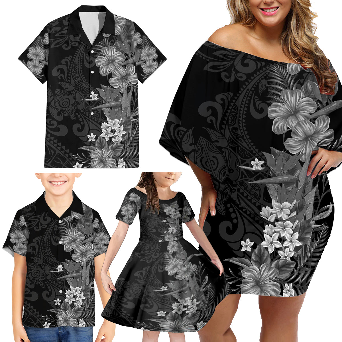Hawaii Tropical Flowers Tribal Pattern Family Matching Off Shoulder Short Dress and Hawaiian Shirt Black Style LT9 - Polynesian Pride