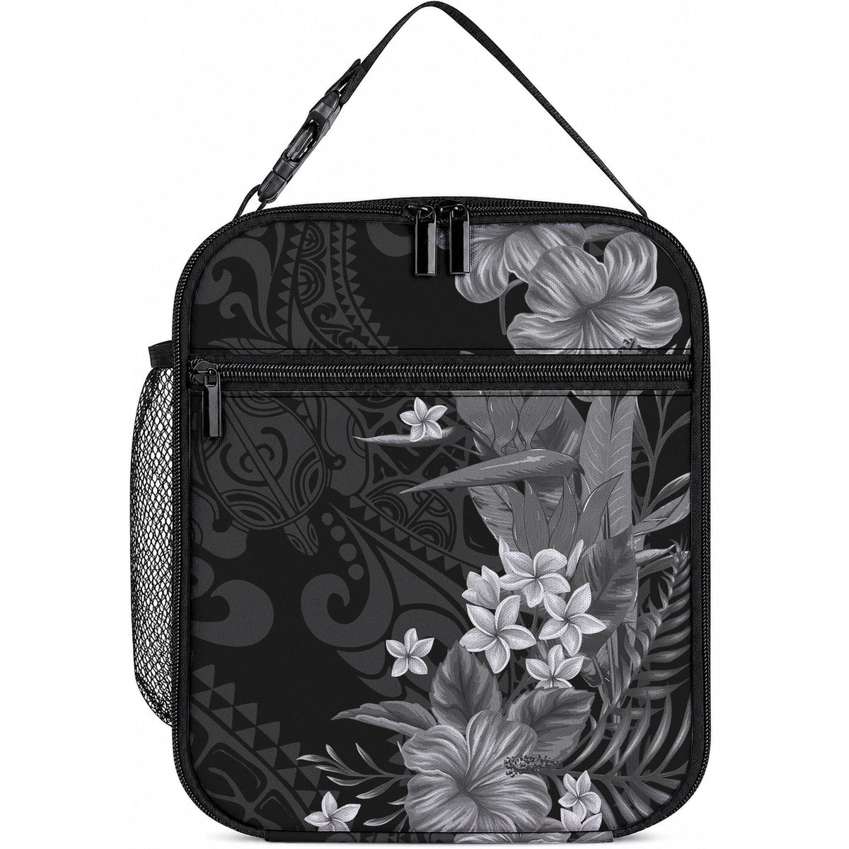Hawaii Tropical Flowers Tribal Pattern Lunch Bag Black Style LT9 10.2 × 8.3 × 4.3 inch Black - Polynesian Pride