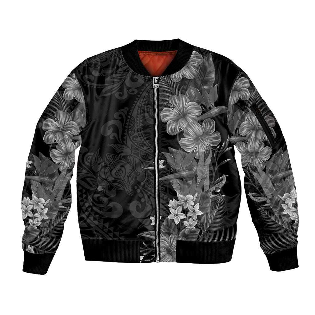Hawaii Tropical Flowers Tribal Pattern Sleeve Zip Bomber Jacket Black Style LT9 Unisex Black - Polynesian Pride
