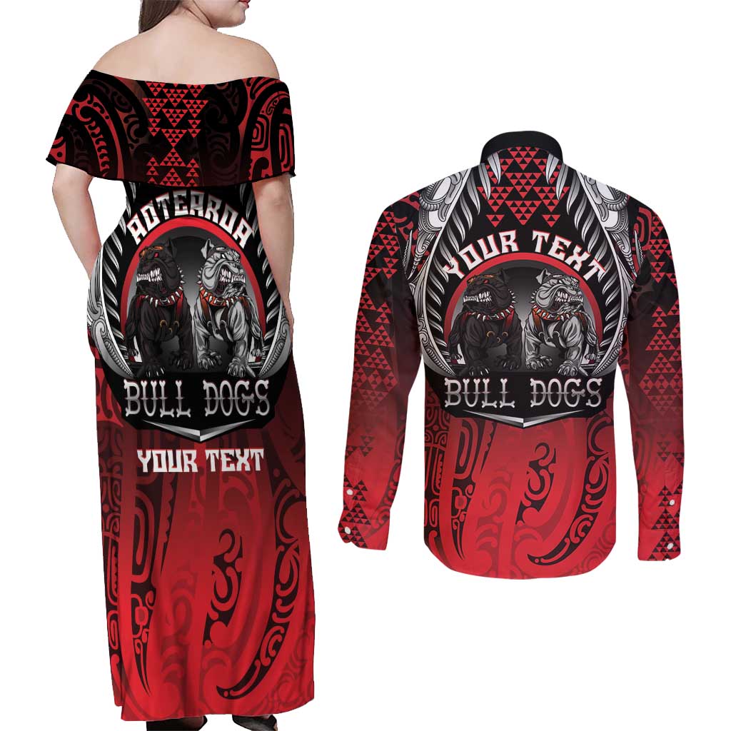 Aotearoa Bulldog Personalised Couples Matching Off Shoulder Maxi Dress and Long Sleeve Button Shirt Maori Kowhaiwhai Motif