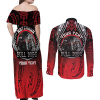 Aotearoa Bulldog Personalised Couples Matching Off Shoulder Maxi Dress and Long Sleeve Button Shirt Maori Kowhaiwhai Motif