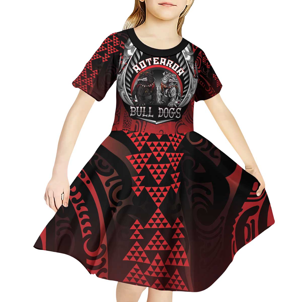 Aotearoa Bulldog Personalised Kid Short Sleeve Dress Maori Kowhaiwhai Motif
