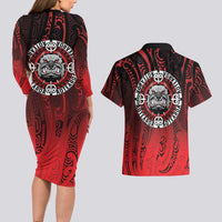 Aotearoa Bulldog Couples Matching Long Sleeve Bodycon Dress and Hawaiian Shirt New Zealand Kowhaiwhai Tribal