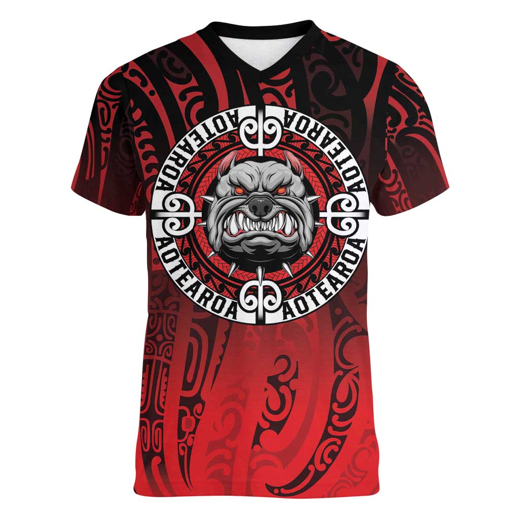 Aotearoa Bulldog Women V-Neck T-Shirt New Zealand Kowhaiwhai Tribal