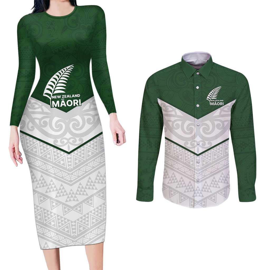 Custom New Zealand Maori Niho Taniwha Couples Matching Long Sleeve Bodycon Dress and Long Sleeve Button Shirt