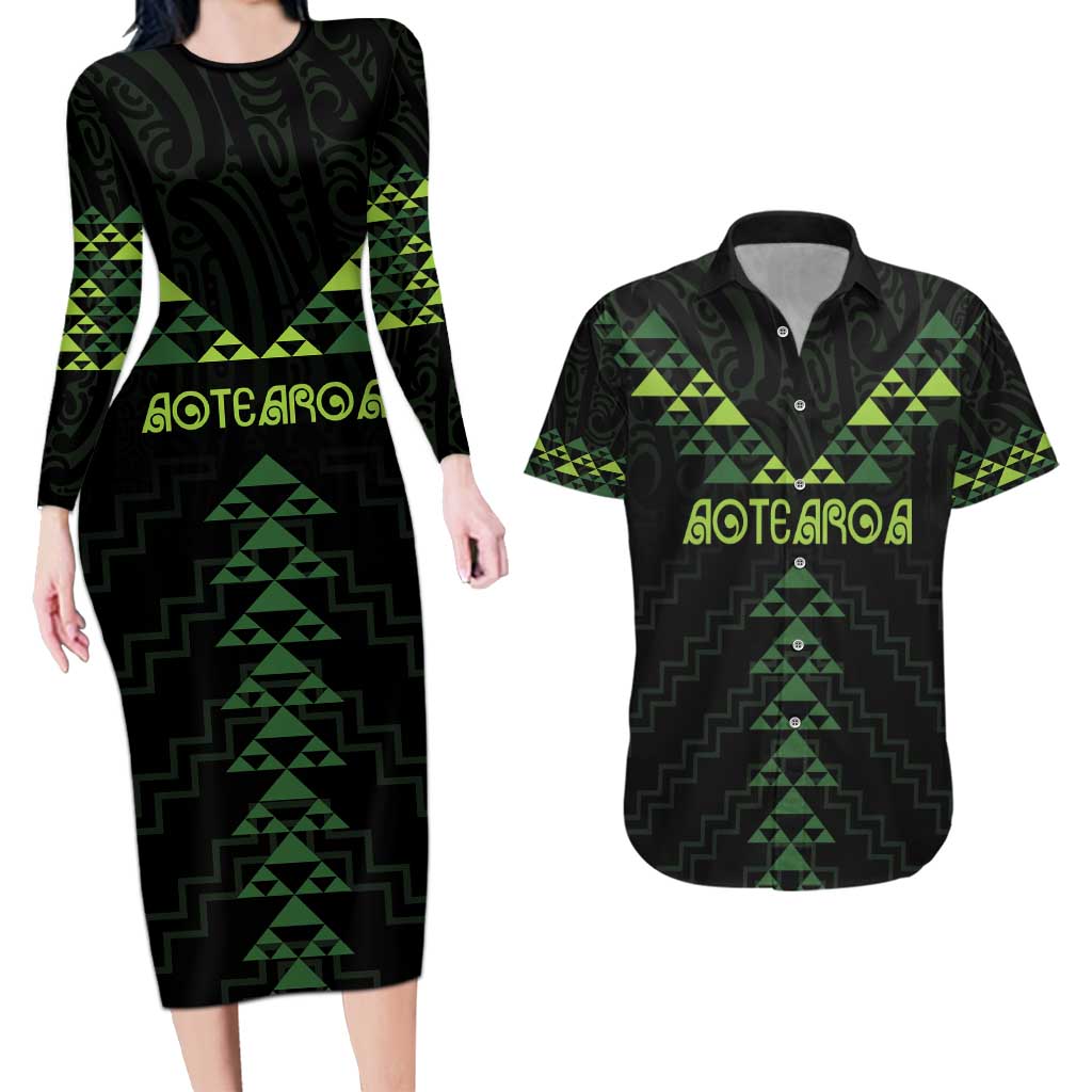 Custom New Zealand Maori Koru Koiri Motif Couples Matching Long Sleeve Bodycon Dress and Hawaiian Shirt
