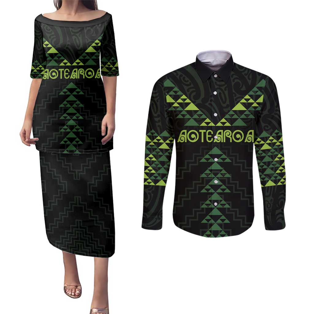 Custom New Zealand Maori Koru Koiri Motif Couples Matching Puletasi and Long Sleeve Button Shirt