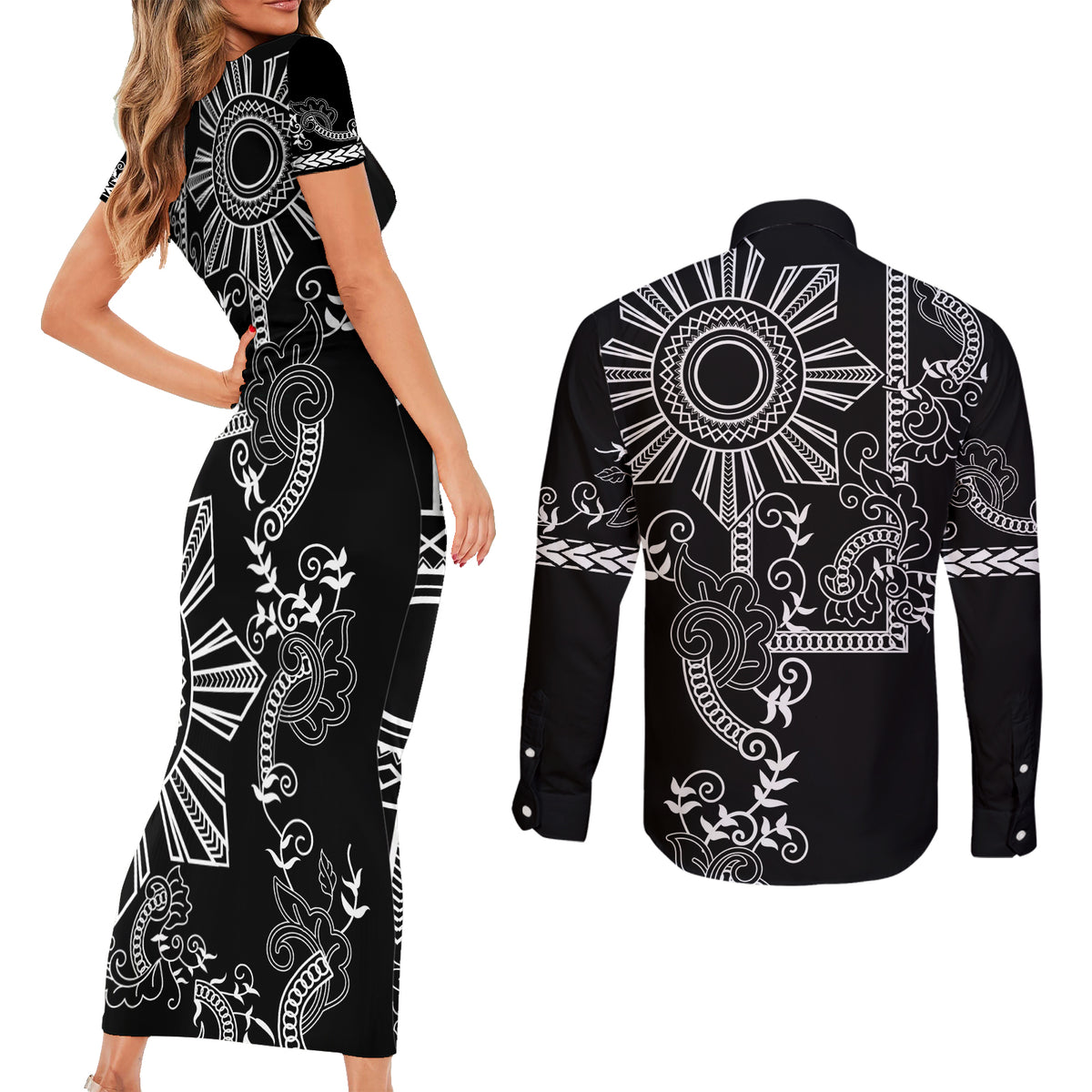 Filipino Sun Tribal Tattoo Couples Matching Short Sleeve Bodycon Dress and Long Sleeve Button Shirt Philippines Inspired Barong Simple Black