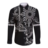 Filipino Sun Tribal Tattoo Long Sleeve Button Shirt Philippines Inspired Barong Simple Black