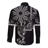 Filipino Sun Tribal Tattoo Long Sleeve Button Shirt Philippines Inspired Barong Simple Black