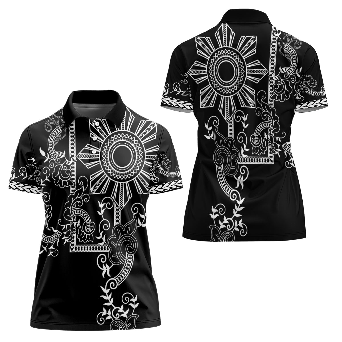 Filipino Sun Tribal Tattoo Women Polo Shirt Philippines Inspired Barong Simple Black