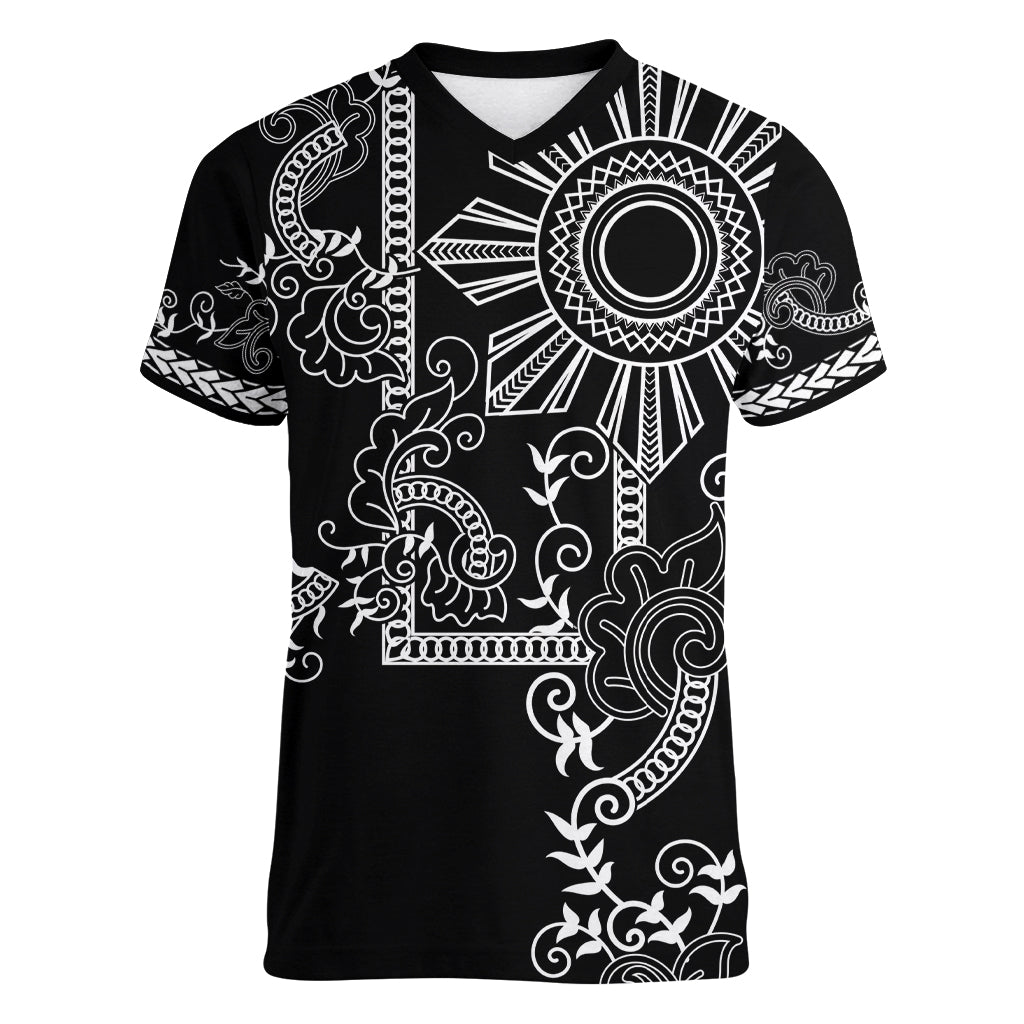 Filipino Sun Tribal Tattoo Women V-Neck T-Shirt Philippines Inspired Barong Simple Black