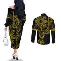 Filipino Sun Tribal Tattoo Couples Matching Off The Shoulder Long Sleeve Dress and Long Sleeve Button Shirt Philippines Inspired Barong Simple Gold