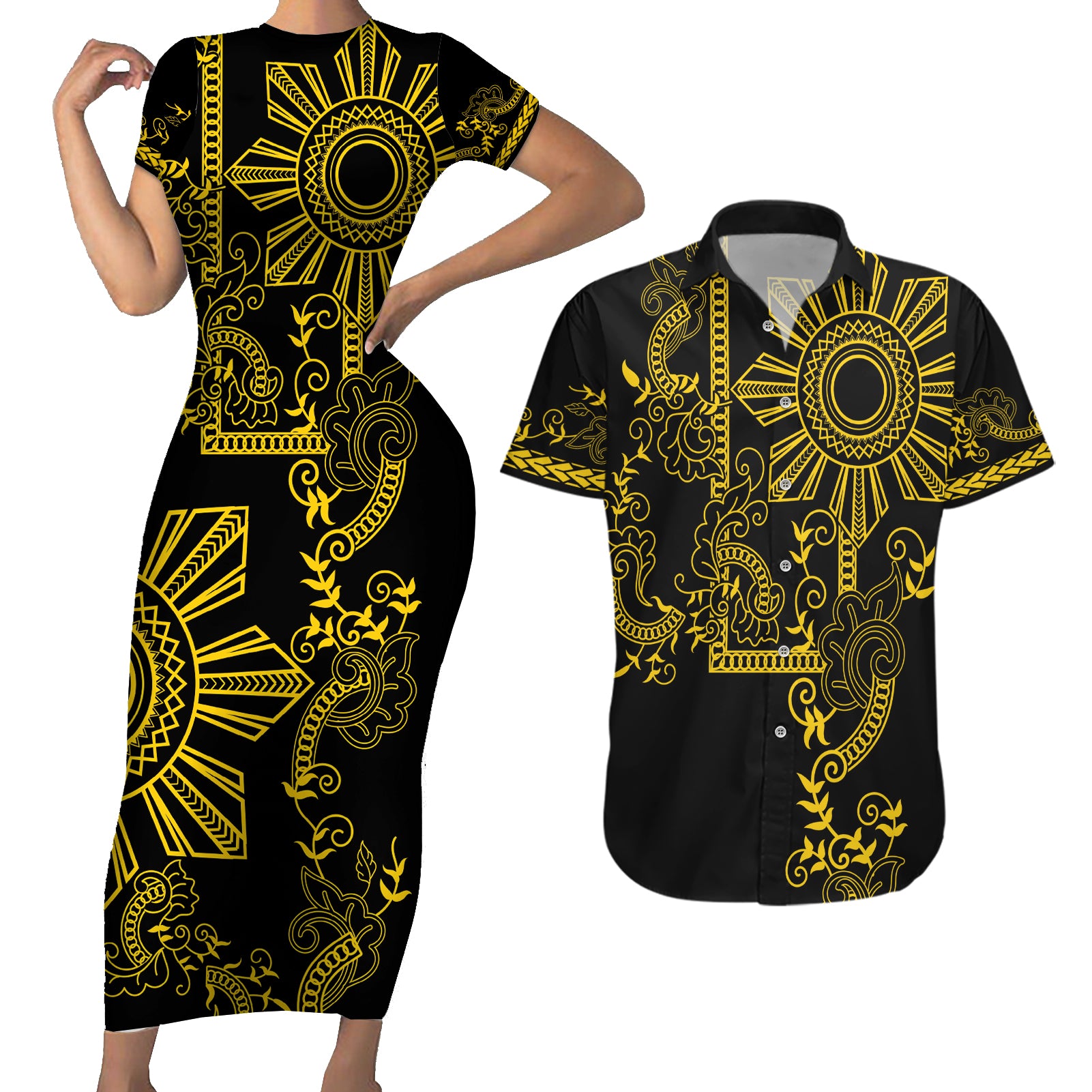 Filipino Sun Tribal Tattoo Couples Matching Short Sleeve Bodycon Dress and Hawaiian Shirt Philippines Inspired Barong Simple Gold