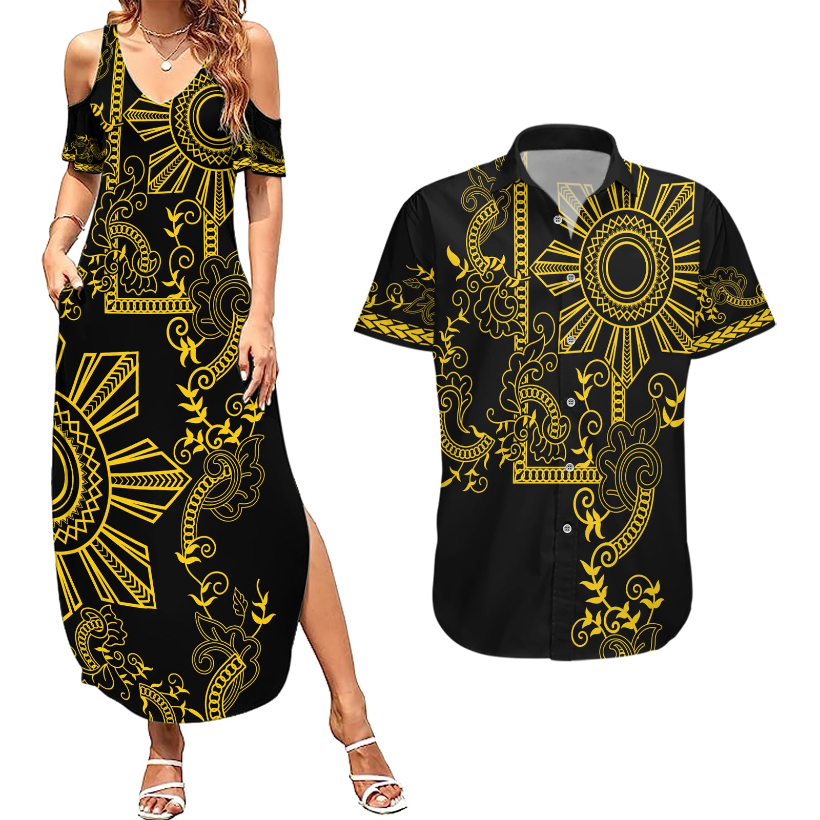 Filipino Sun Tribal Tattoo Couples Matching Summer Maxi Dress and Hawaiian Shirt Philippines Inspired Barong Simple Gold
