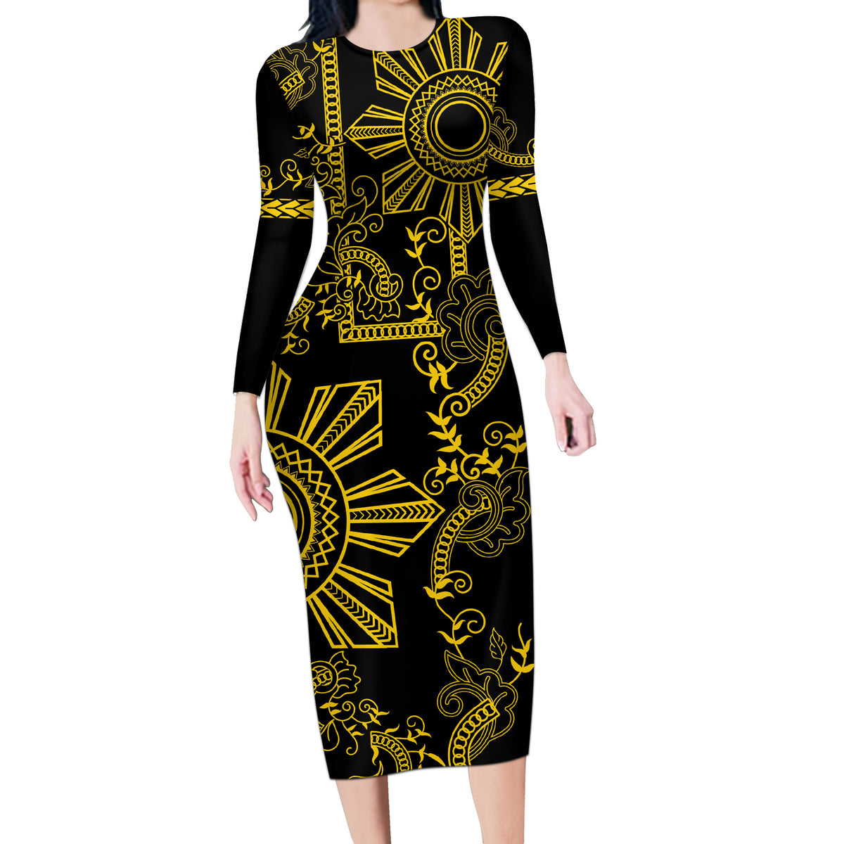 Filipino Sun Tribal Tattoo Long Sleeve Bodycon Dress Philippines Inspired Barong Simple Gold