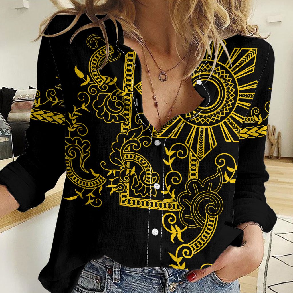 Filipino Sun Tribal Tattoo Women Casual Shirt Philippines Inspired Barong Simple Gold
