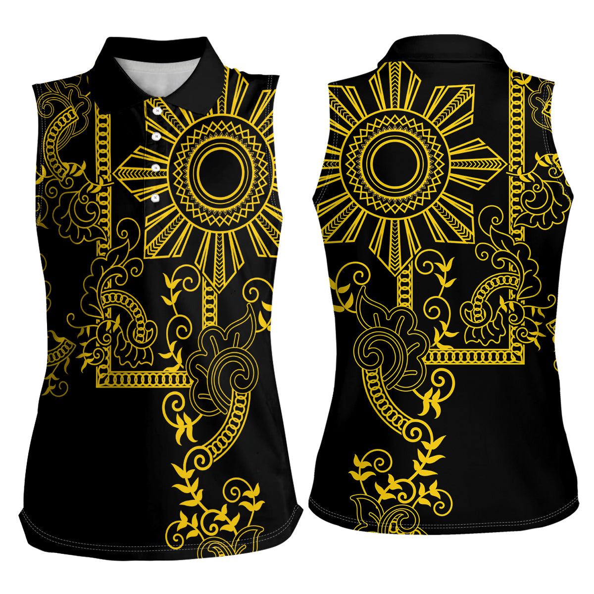 Filipino Sun Tribal Tattoo Women Sleeveless Polo Shirt Philippines Inspired Barong Simple Gold