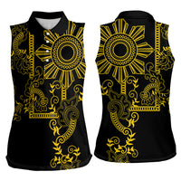 Filipino Sun Tribal Tattoo Women Sleeveless Polo Shirt Philippines Inspired Barong Simple Gold