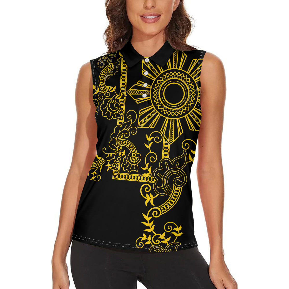 Filipino Sun Tribal Tattoo Women Sleeveless Polo Shirt Philippines Inspired Barong Simple Gold