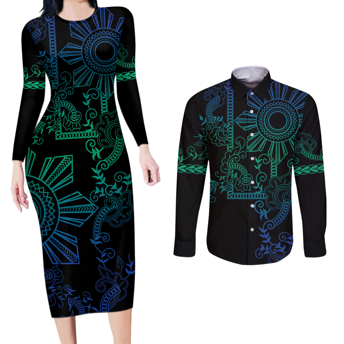 Filipino Sun Tribal Tattoo Couples Matching Long Sleeve Bodycon Dress and Long Sleeve Button Shirt Philippines Inspired Barong Blue Art