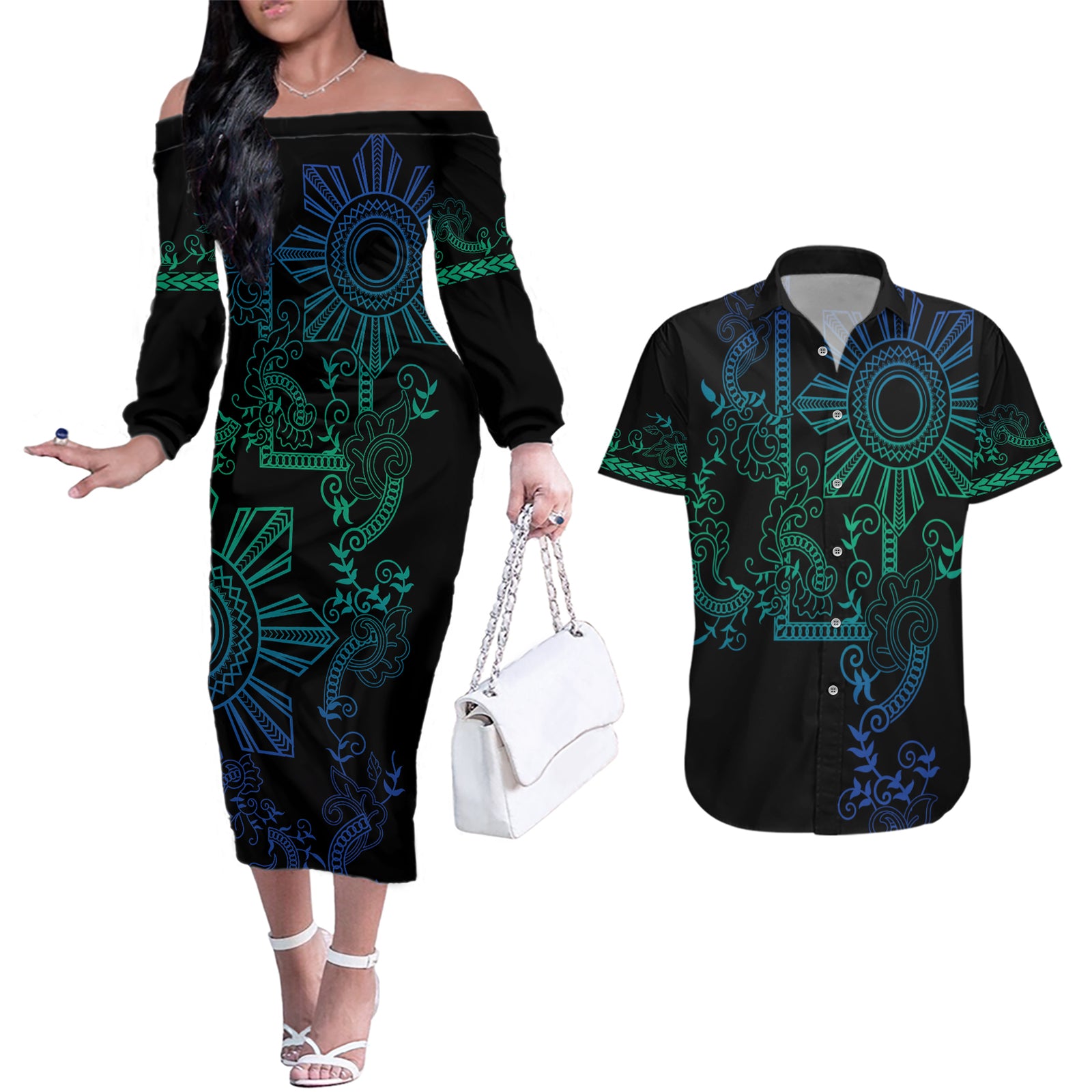 Filipino Sun Tribal Tattoo Couples Matching Off The Shoulder Long Sleeve Dress and Hawaiian Shirt Philippines Inspired Barong Blue Art