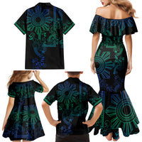 Filipino Sun Tribal Tattoo Family Matching Mermaid Dress and Hawaiian Shirt Philippines Inspired Barong Blue Art