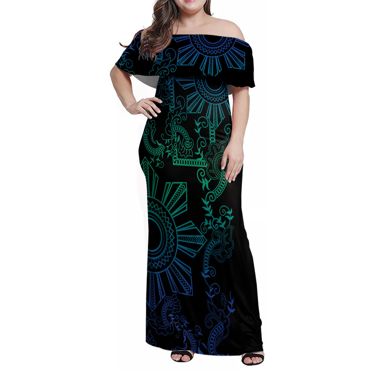 Filipino Sun Tribal Tattoo Family Matching Off Shoulder Maxi Dress and Hawaiian Shirt Philippines Inspired Barong Blue Art