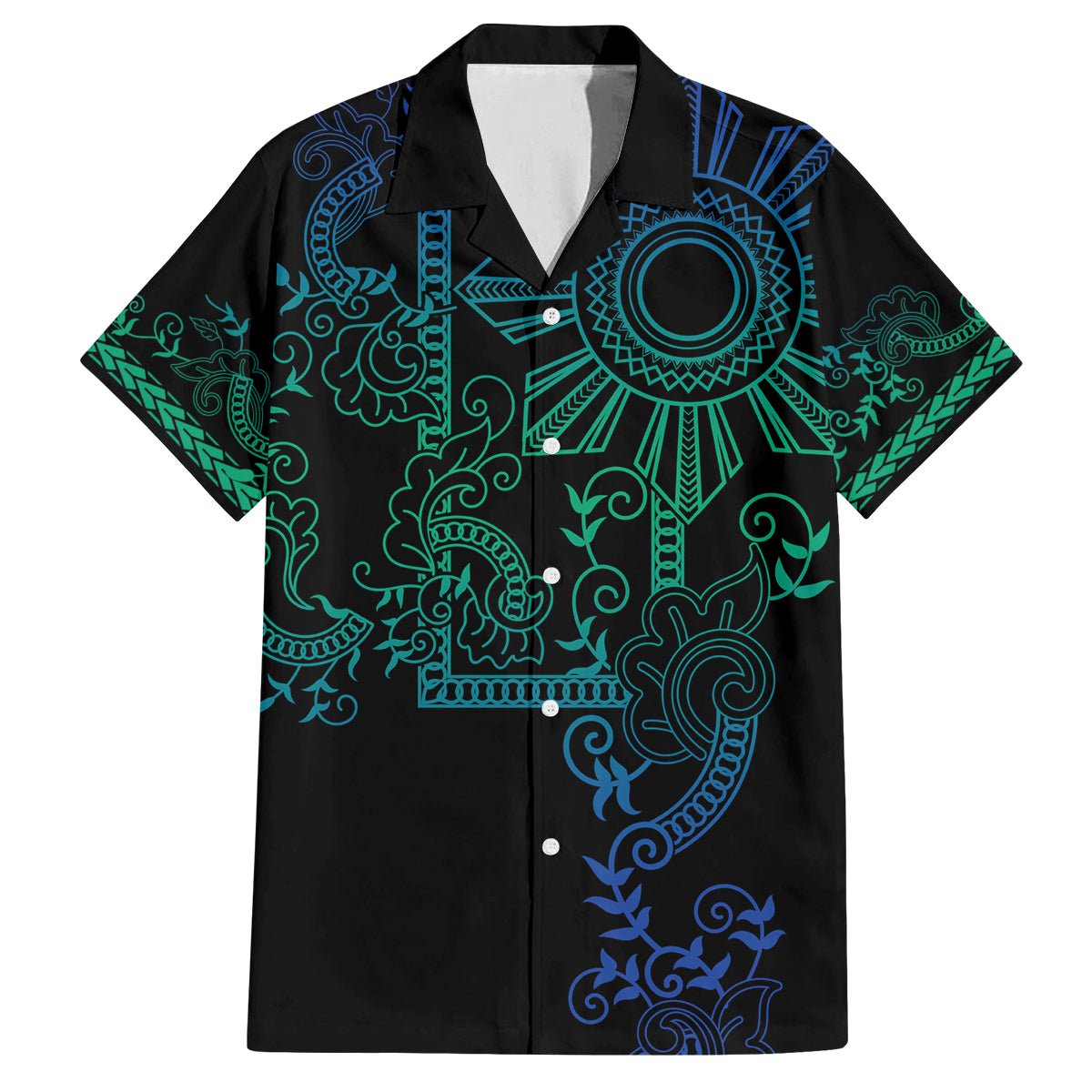 Filipino Sun Tribal Tattoo Family Matching Tank Maxi Dress and Hawaiian Shirt Philippines Inspired Barong Blue Art