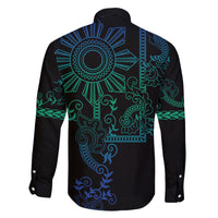 Filipino Sun Tribal Tattoo Family Matching Tank Maxi Dress and Hawaiian Shirt Philippines Inspired Barong Blue Art