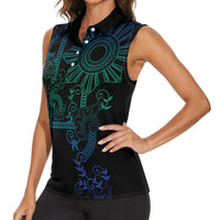 Filipino Sun Tribal Tattoo Women Sleeveless Polo Shirt Philippines Inspired Barong Blue Art