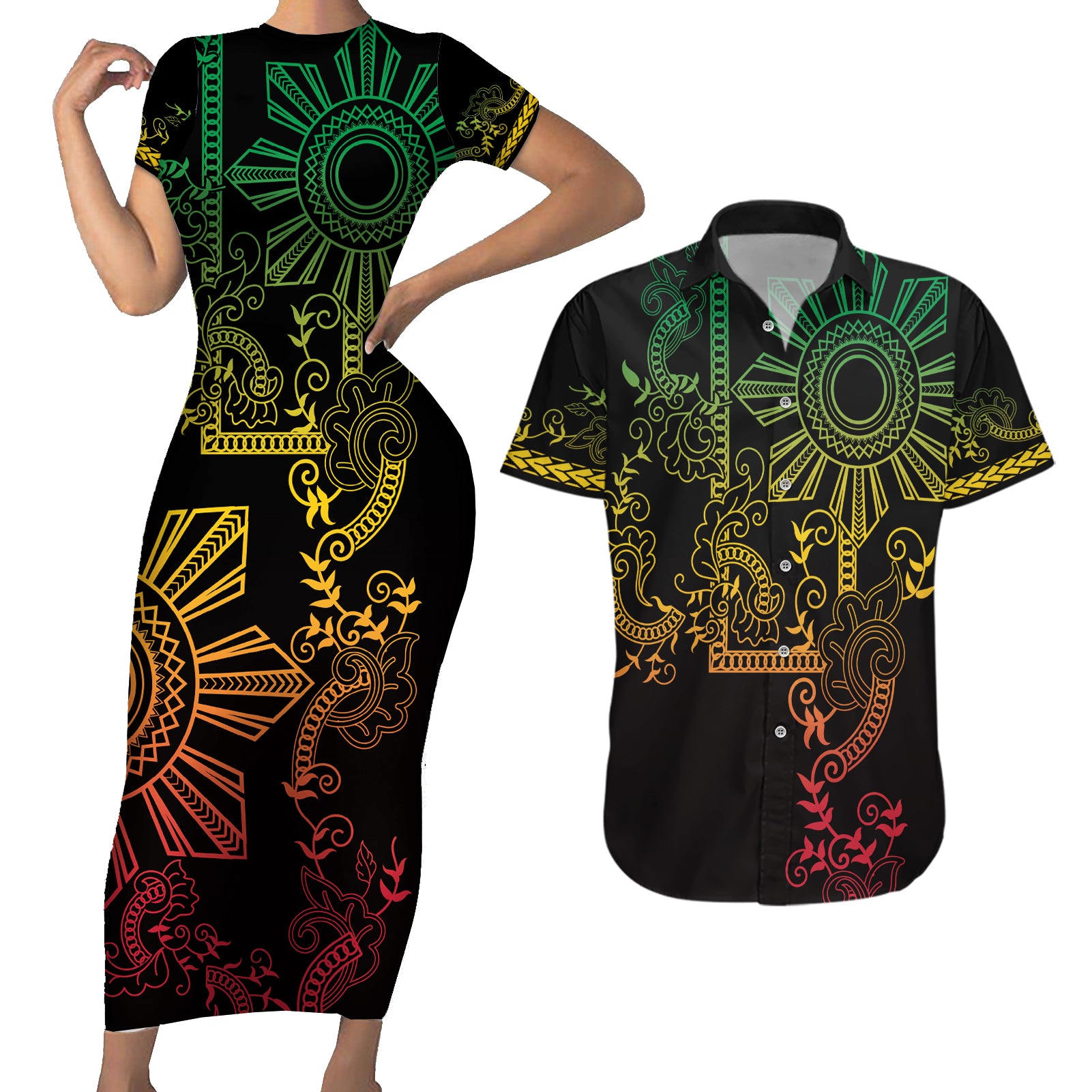 Filipino Sun Tribal Tattoo Couples Matching Short Sleeve Bodycon Dress and Hawaiian Shirt Philippines Inspired Barong Reggae Art