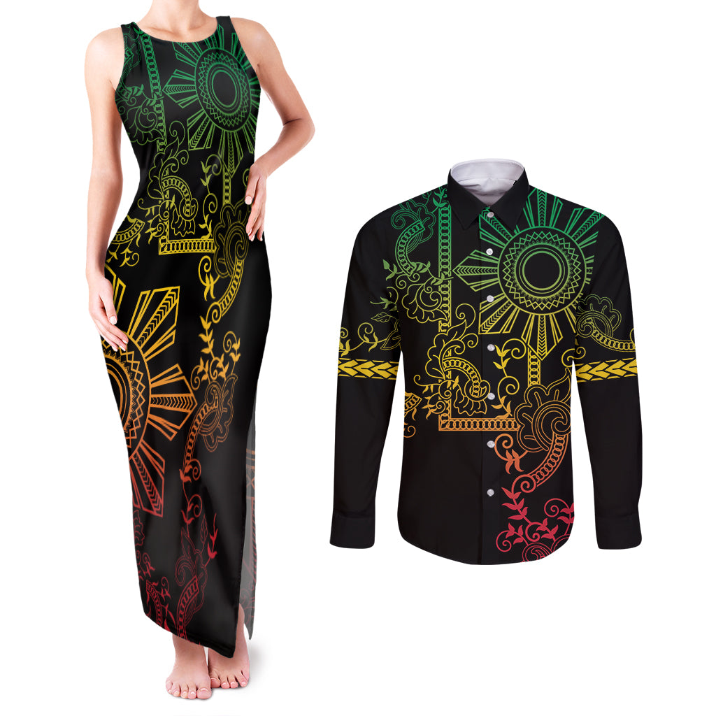 Filipino Sun Tribal Tattoo Couples Matching Tank Maxi Dress and Long Sleeve Button Shirt Philippines Inspired Barong Reggae Art