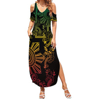 Filipino Sun Tribal Tattoo Family Matching Summer Maxi Dress and Hawaiian Shirt Philippines Inspired Barong Reggae Art