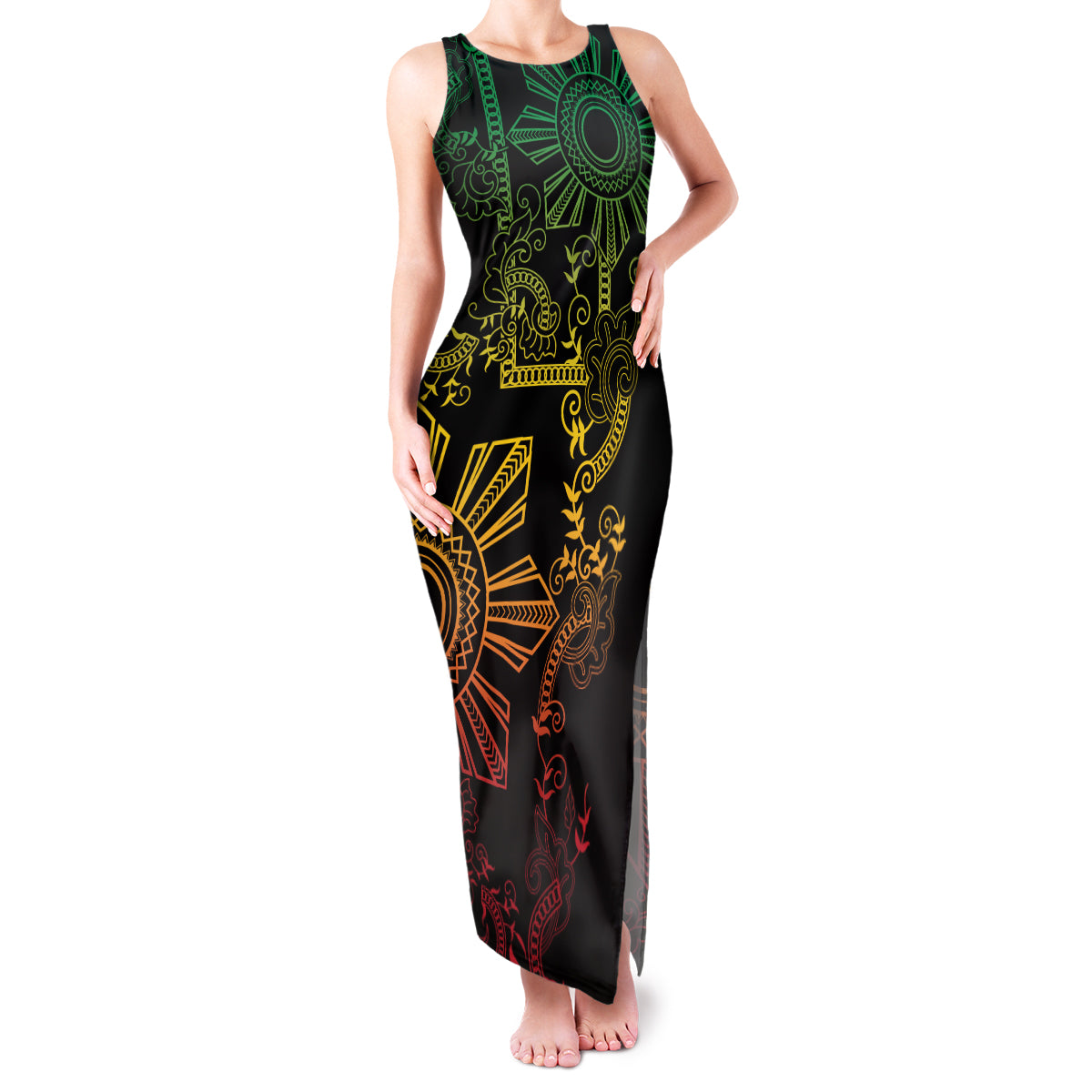 Filipino Sun Tribal Tattoo Family Matching Tank Maxi Dress and Hawaiian Shirt Philippines Inspired Barong Reggae Art