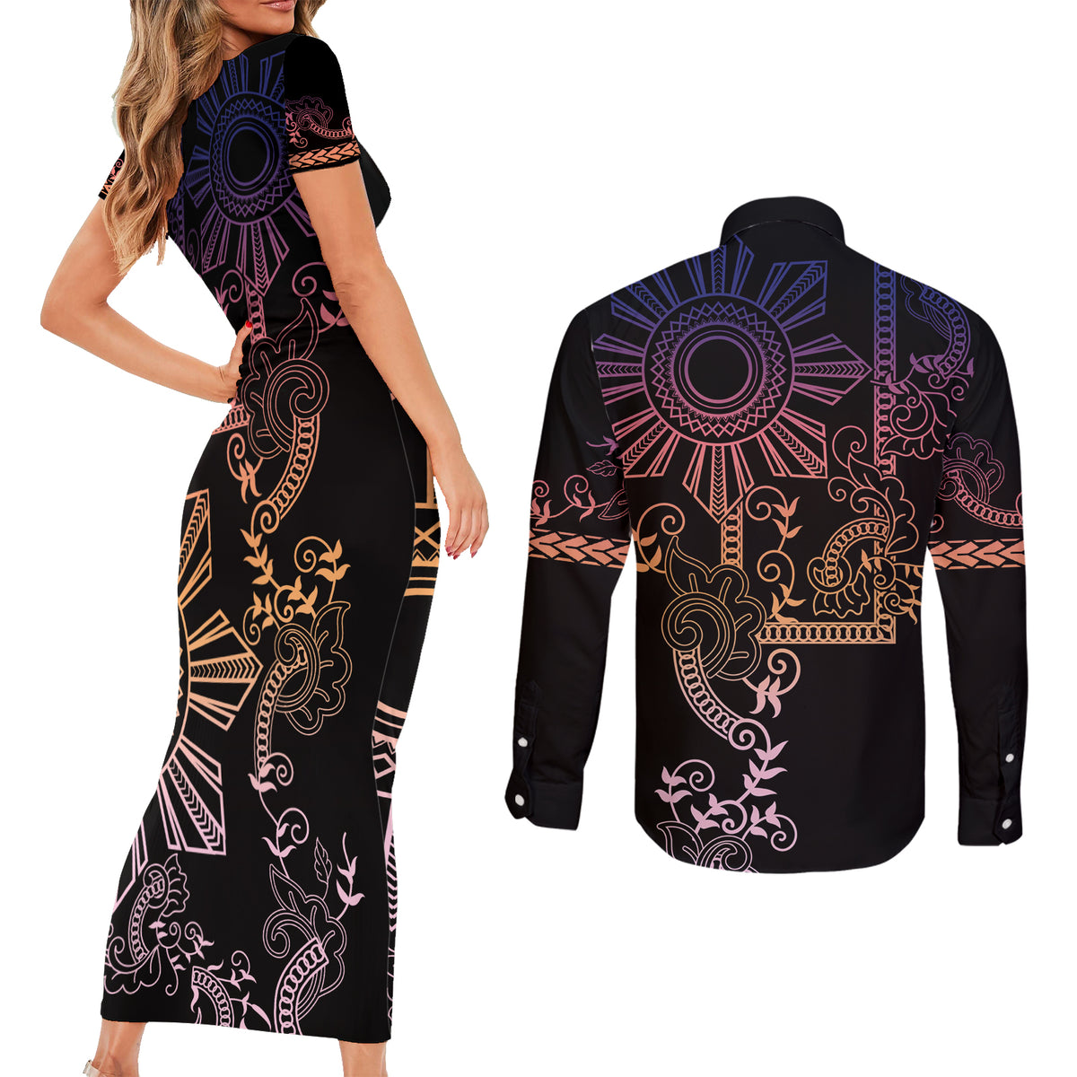 Filipino Sun Tribal Tattoo Couples Matching Short Sleeve Bodycon Dress and Long Sleeve Button Shirt Philippines Inspired Barong Pink Art