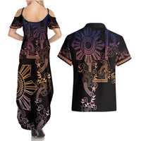 Filipino Sun Tribal Tattoo Couples Matching Summer Maxi Dress and Hawaiian Shirt Philippines Inspired Barong Pink Art