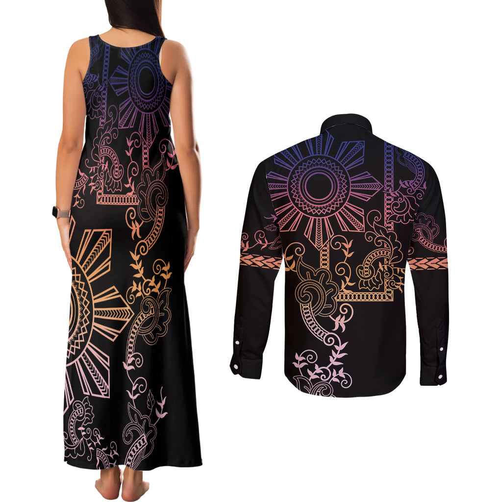 Filipino Sun Tribal Tattoo Couples Matching Tank Maxi Dress and Long Sleeve Button Shirt Philippines Inspired Barong Pink Art