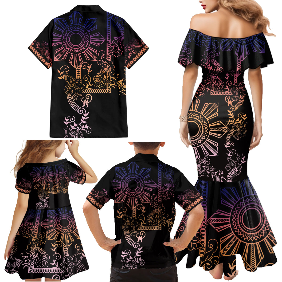 Filipino Sun Tribal Tattoo Family Matching Mermaid Dress and Hawaiian Shirt Philippines Inspired Barong Pink Art