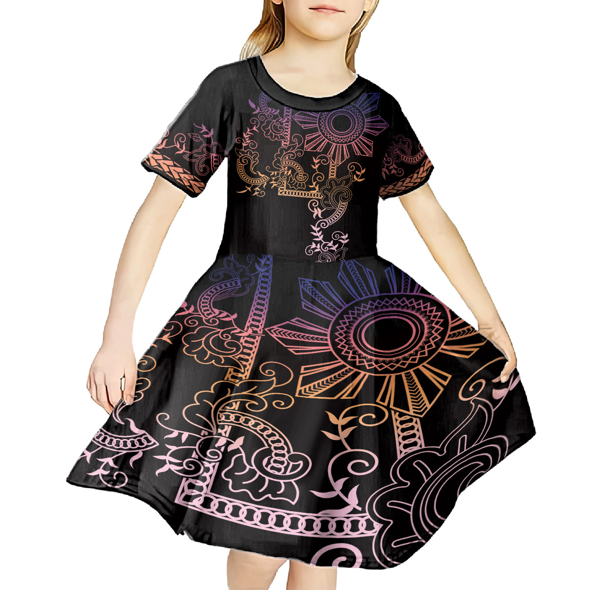Filipino Sun Tribal Tattoo Kid Short Sleeve Dress Philippines Inspired Barong Pink Art