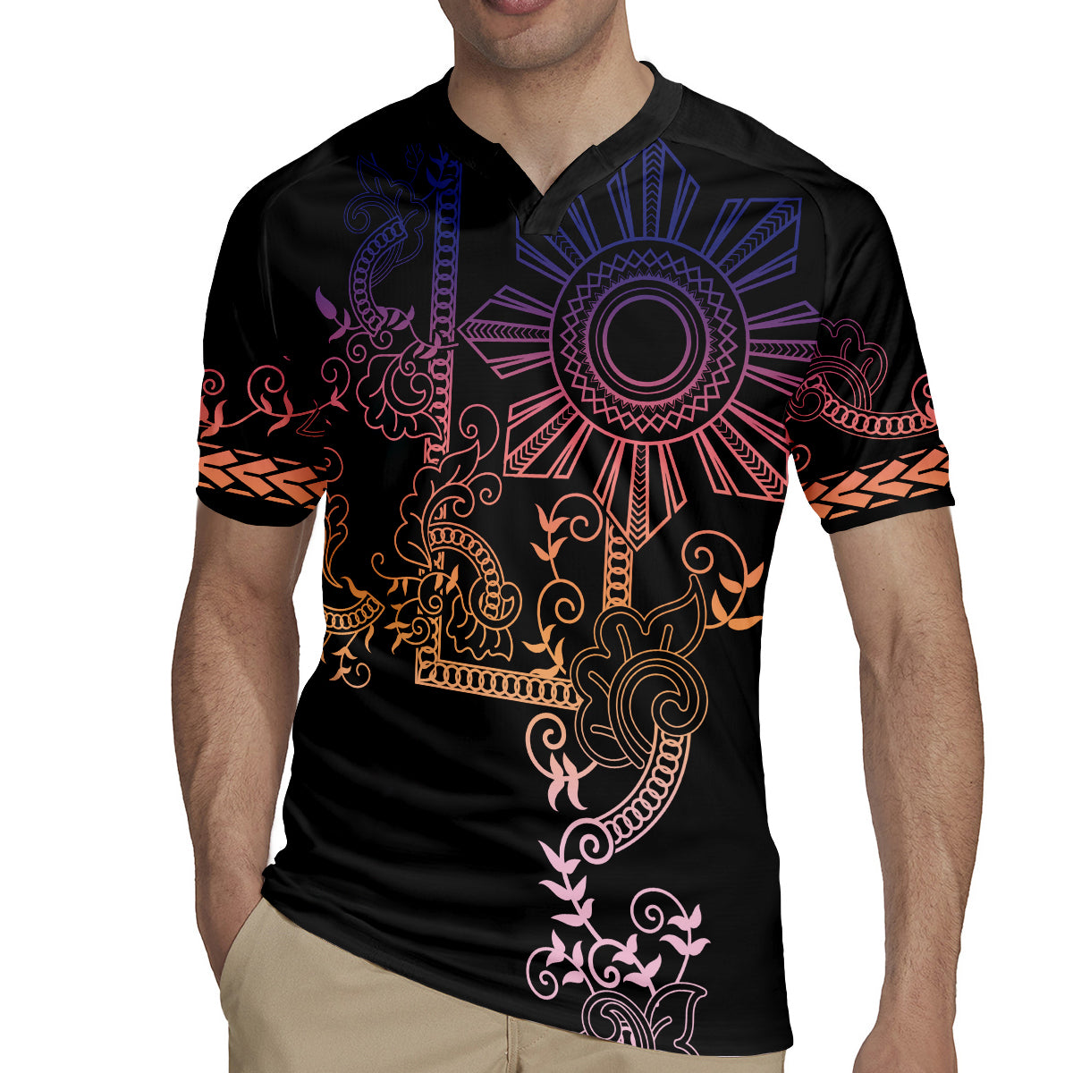 Filipino Sun Tribal Tattoo Rugby Jersey Philippines Inspired Barong Pink Art