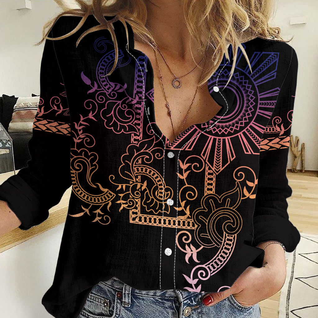 Filipino Sun Tribal Tattoo Women Casual Shirt Philippines Inspired Barong Pink Art