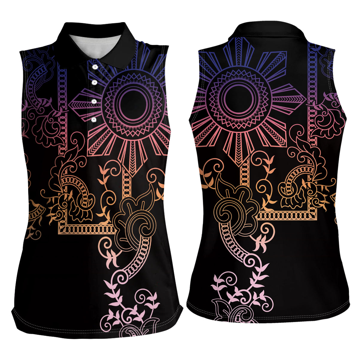 Filipino Sun Tribal Tattoo Women Sleeveless Polo Shirt Philippines Inspired Barong Pink Art