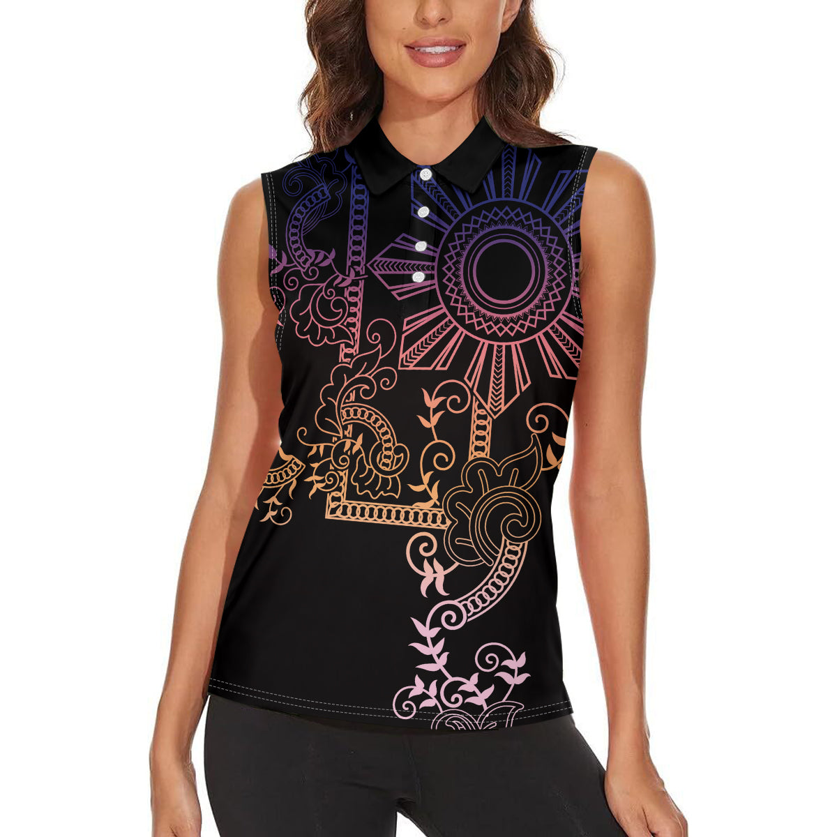 Filipino Sun Tribal Tattoo Women Sleeveless Polo Shirt Philippines Inspired Barong Pink Art