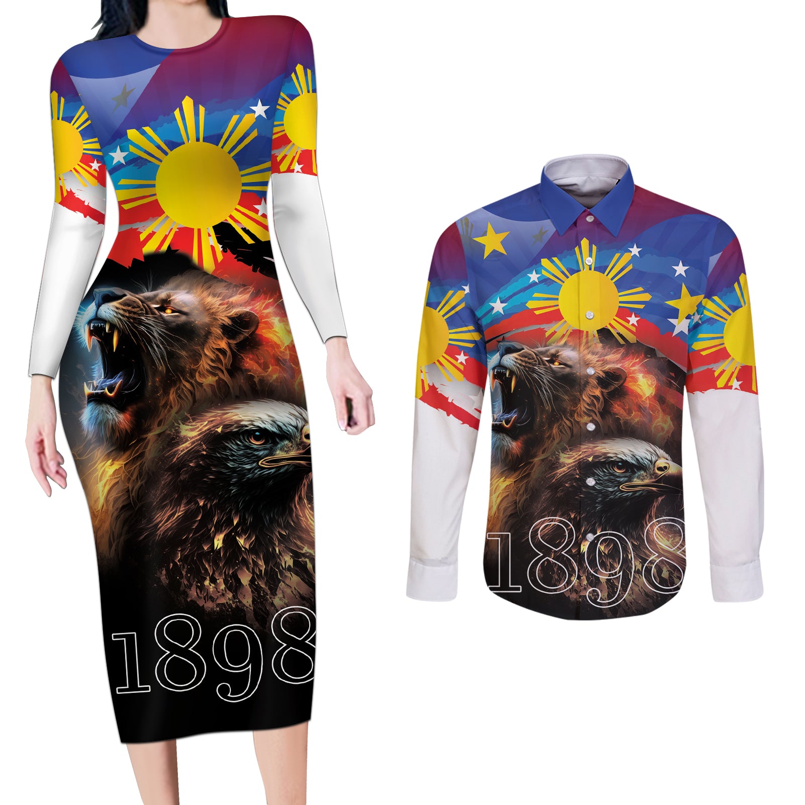 Philippines Lion and Eagle 1898 Couples Matching Long Sleeve Bodycon Dress and Long Sleeve Button Shirt Pilipinas Maligayang Araw ng Kalayaan