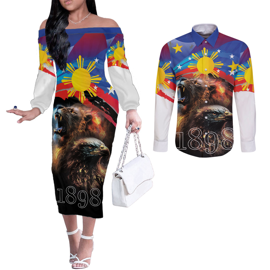 Philippines Lion and Eagle 1898 Couples Matching Off The Shoulder Long Sleeve Dress and Long Sleeve Button Shirt Pilipinas Maligayang Araw ng Kalayaan